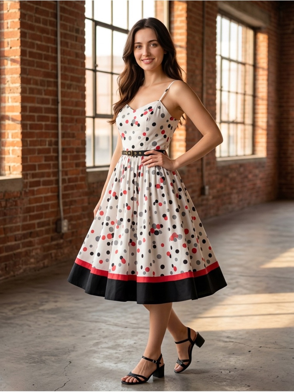 Vintage-Inspired Polka Dot Midi Sundress with Belt, Size 12